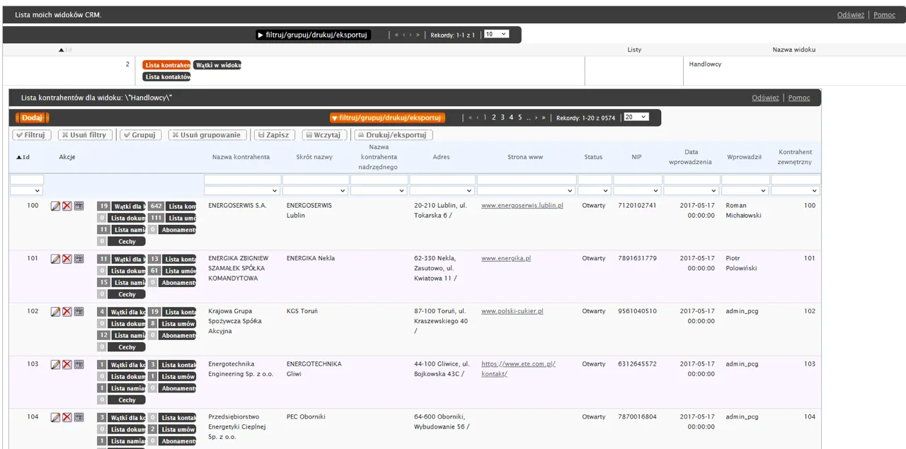Lista kontrahentów w module CRM systemu Ascent